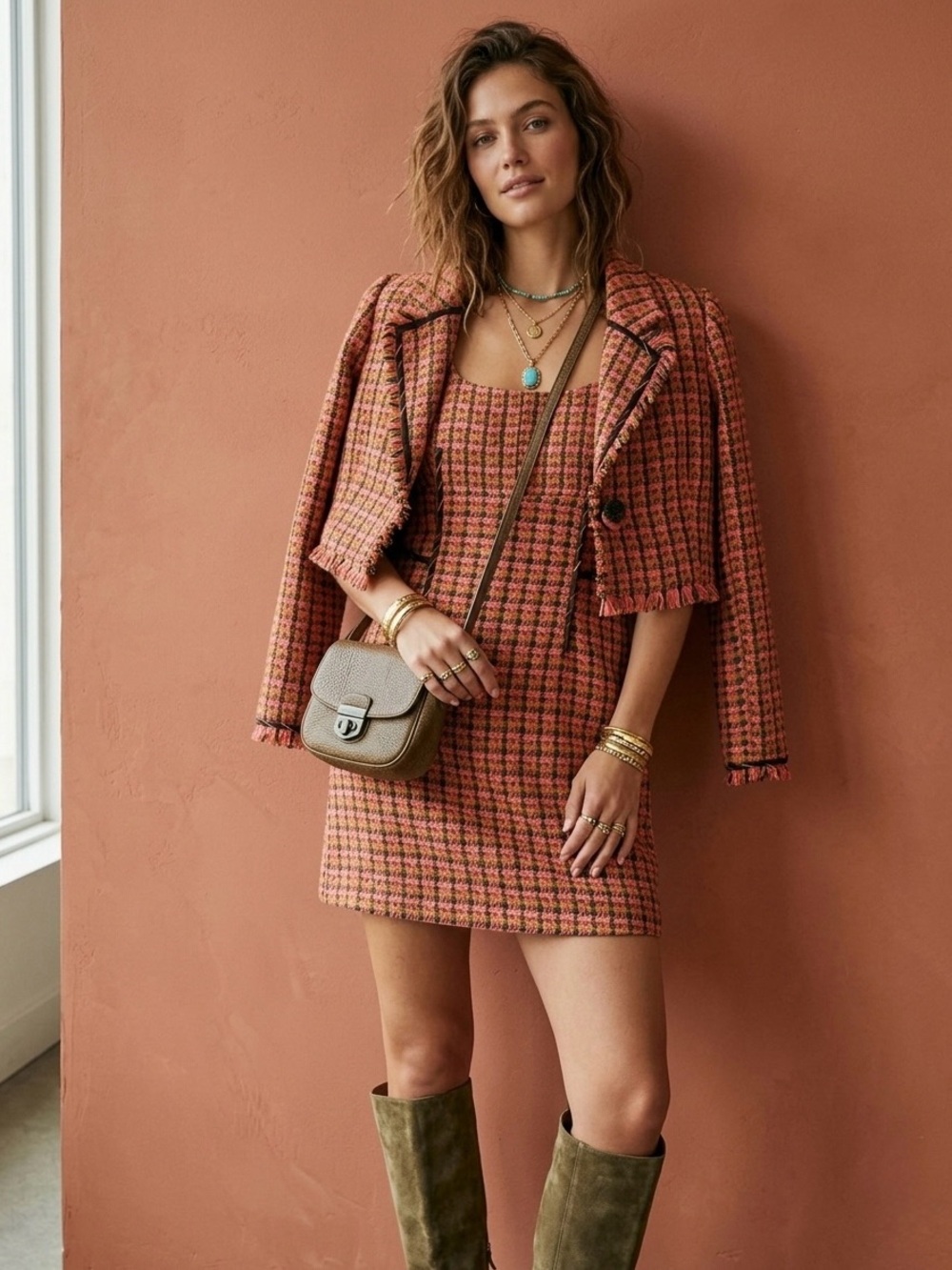 Anthropologie Maeve Mini Tweed Dress Set Crop Jacket Plaid Pink Textured Size 6